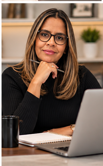 Portrait illustration of Karine Oliveira at her desk