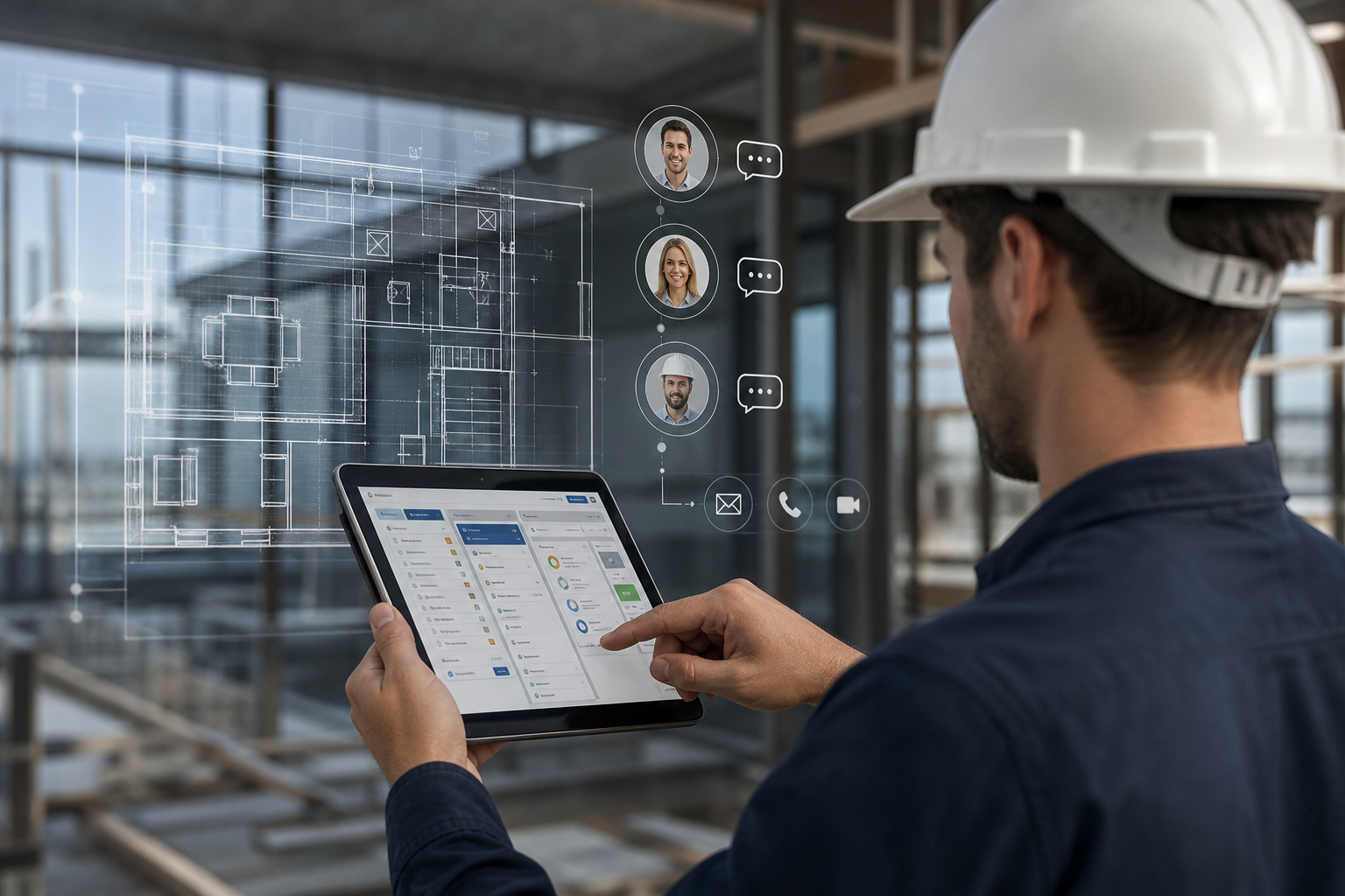 CRM for Contractors dashboard on a tablet, held by a roofing contractor on a job site, showing client profiles and project timelines.