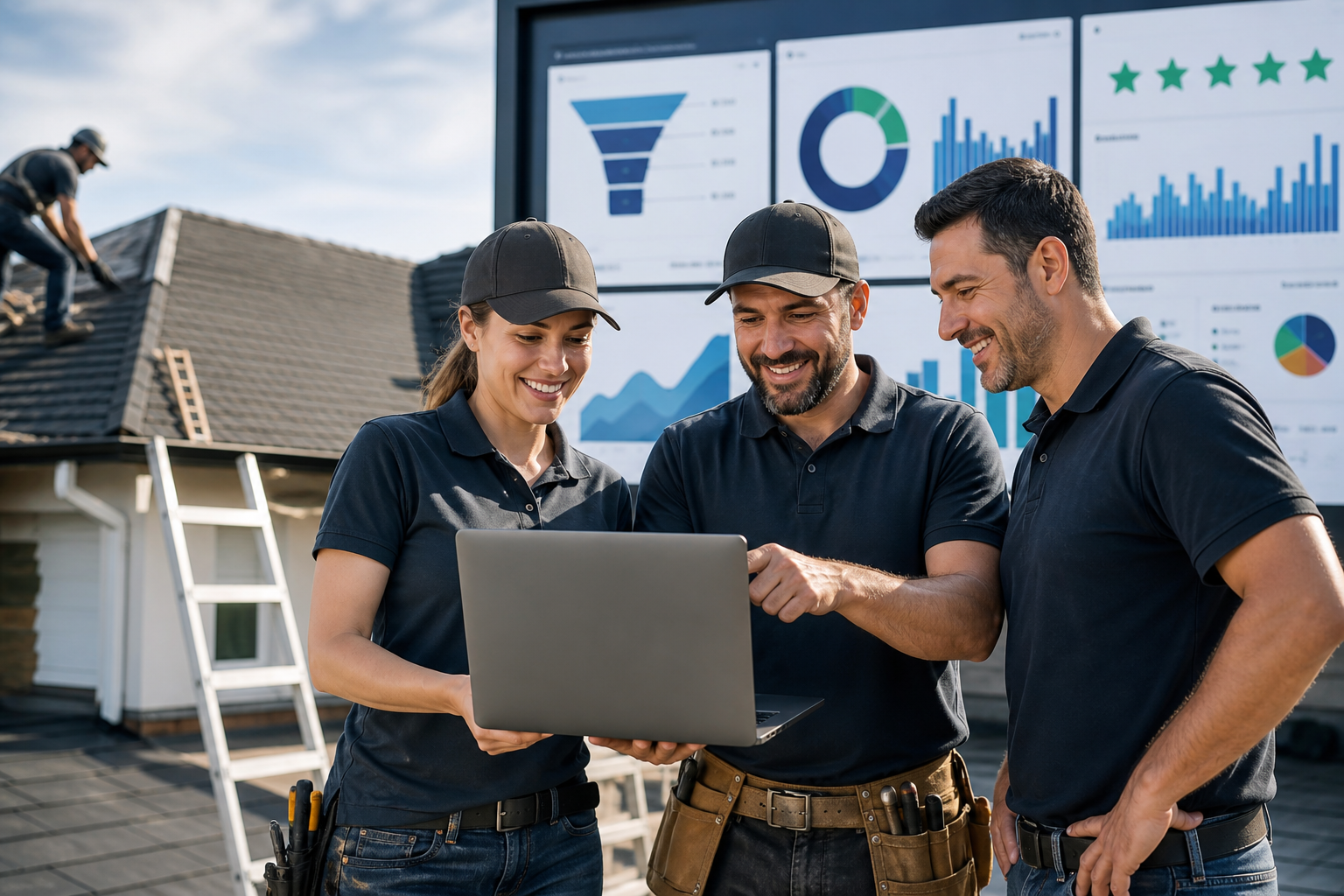 CRM for Contractors managing a bustling roofing project, with digital overlays for communication, scheduling, and financial reports.