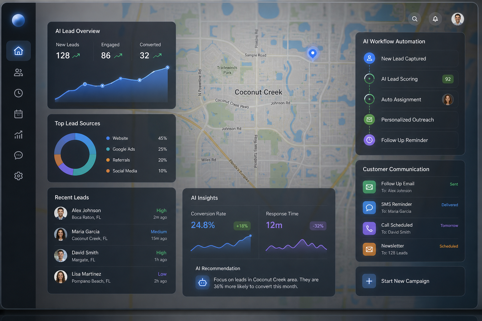 A service business owner in Coconut Creek, FL, confidently using Kreative Brand Solutions' AI-powered CRM platform on a tablet to manage leads and customer interactions, demonstrating efficient CRM transformation.