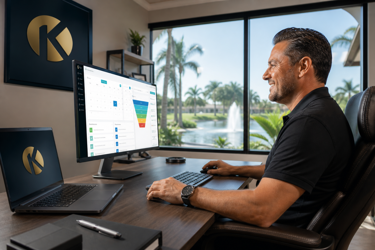 A team of service business professionals in Coconut Creek, FL, collaborating around a monitor, reviewing data and processes within Kreative Brand Solutions' AI CRM, showcasing effective CRM transformation.